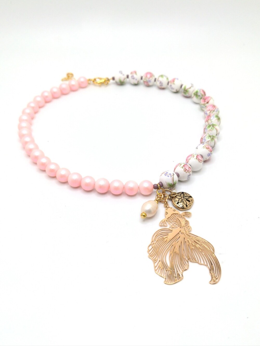381MIDALANE Pink Beaded Goldfish Choker, Handcrafted